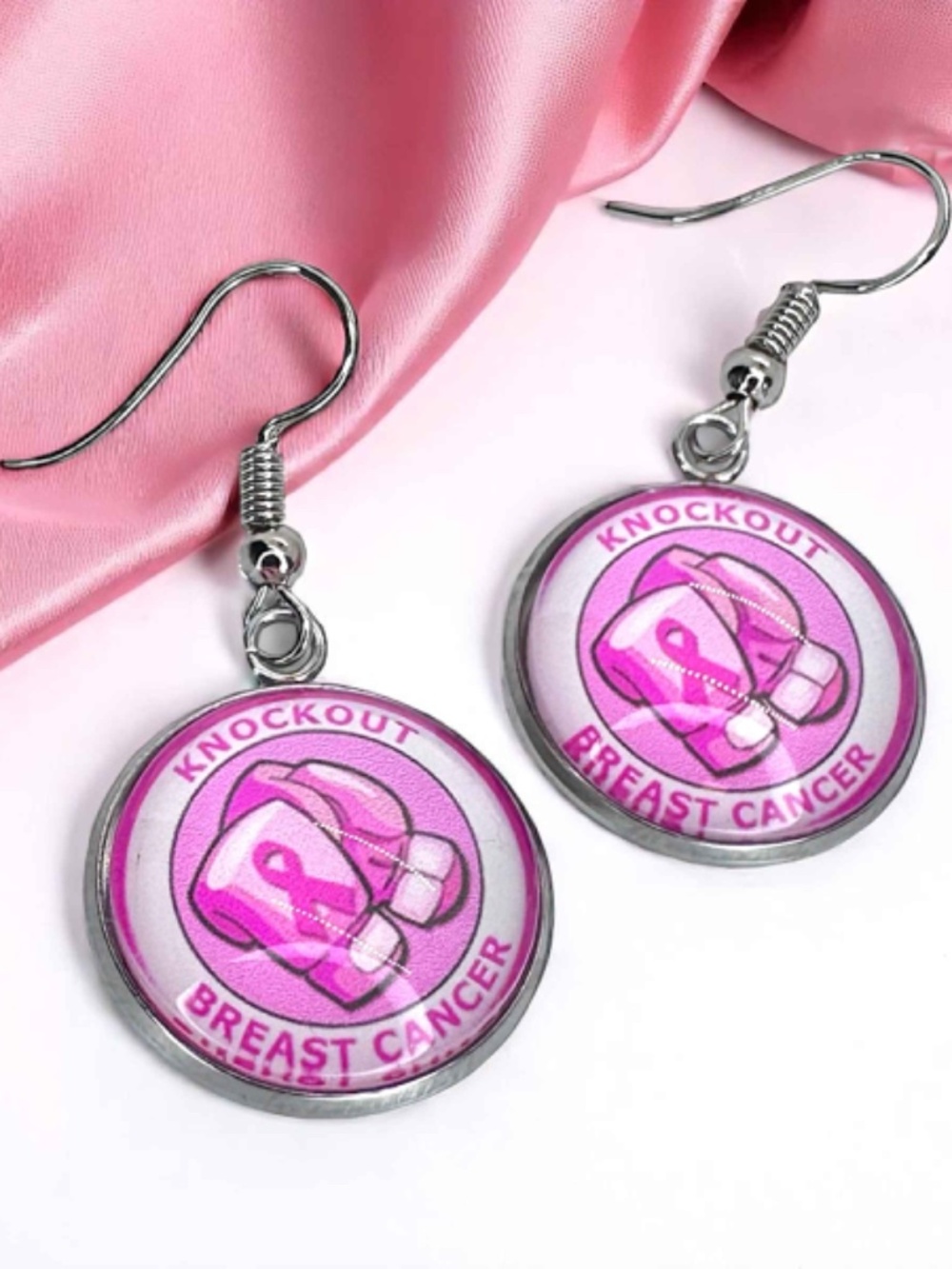 Breast Cancer Awareness Pink Ribbon Knockout Breast Cancer Dangle Earrings